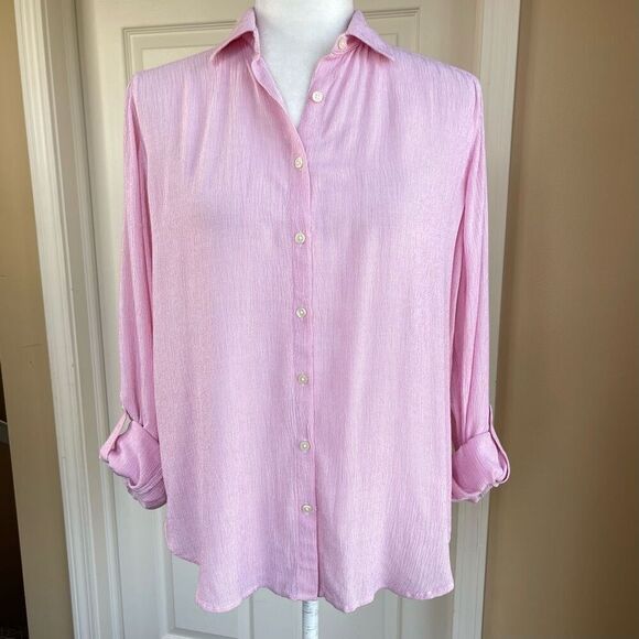 Ann Taylor Factory Stripe Roll Tab Button Front Tunic Blouse (pink/white) - XS - Picture 1 of 9